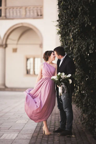 Gyönyörű pár, ember, lány, rózsaszín hosszú ruhában pózol a régi kastély közelében oszlopai. Krakkó Vavel — Stock Fotó