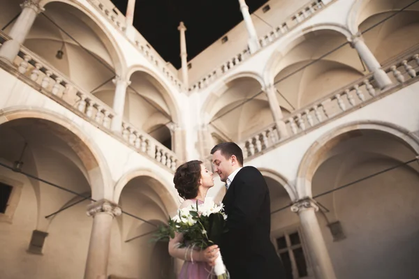 Felice coppia di nozze, sposo, sposa con abito rosa che si abbracciano e si sorridono sulle pareti di sfondo del castello — Foto Stock