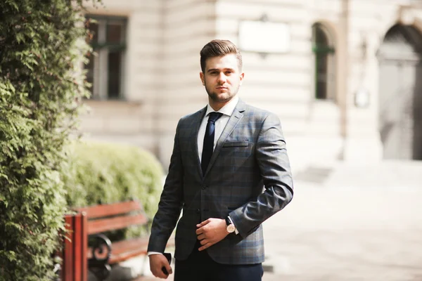 Bonito elegante jovem empresário posando retrato ao ar livre — Fotografia de Stock