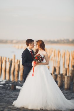 Güzel genç düğün çift, gelin ve damat arka plan denizde ahşap direklerin yakın poz