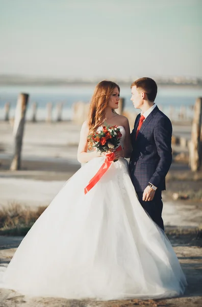 Casal de casamento jovem bonito, noiva e noivo posando perto de postes de madeira no fundo do mar — Fotografia de Stock