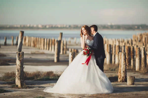 Pareja de boda, novio, novia con ramo posando cerca del mar al atardecer — Foto de Stock