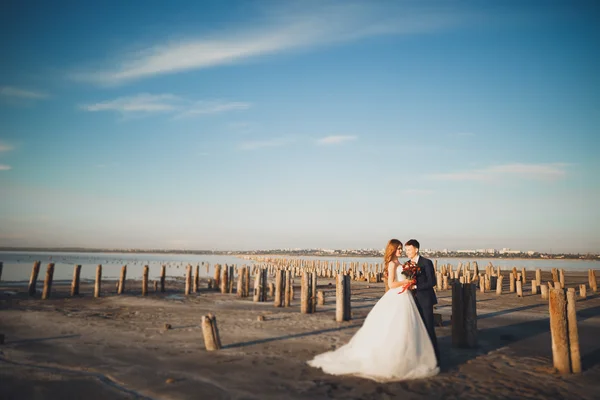 Élégant couple de mariage heureux élégant, mariée, marié magnifique sur le fond de la mer et le ciel — Photo