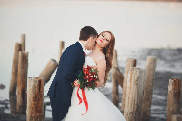 Beautiful young wedding couple, bride and groom posing near wooden poles on the background sea — Stock Photo, Image