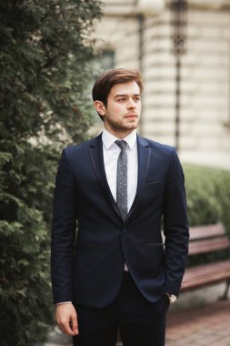 Yakışıklı, şık, genç bir iş adamı. Açık havada portre pozu veriyor.