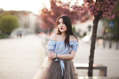 Modern elbise eski bir Krakow poz ile genç Asyalılar kız