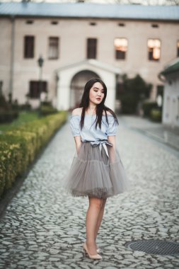 Modern elbise eski bir Krakow poz ile genç Asyalılar kız