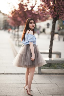 Modern elbise eski bir Krakow poz ile genç Asyalılar kız