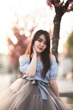 Modern elbise eski bir Krakow poz ile genç Asyalılar kız