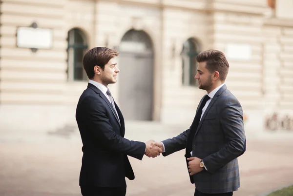 Two stylish businessmen shaking hands in suits