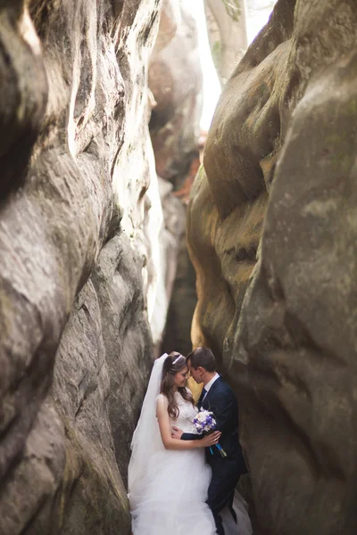 Splendida sposa, sposo baciare e abbracciare vicino alle scogliere con vista mozzafiato — Foto Stock