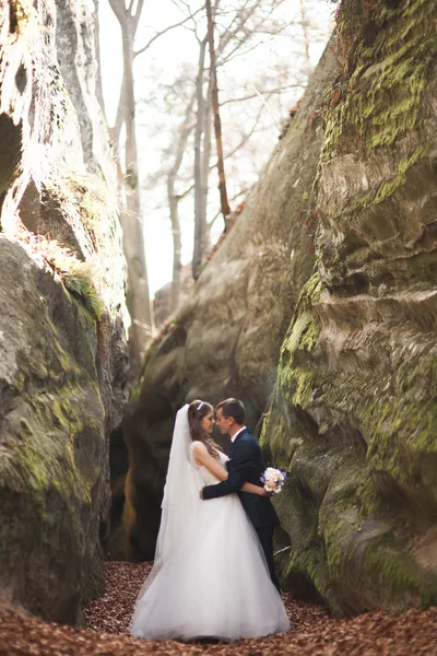 Splendida sposa, sposo baciare e abbracciare vicino alle scogliere con vista mozzafiato — Foto Stock