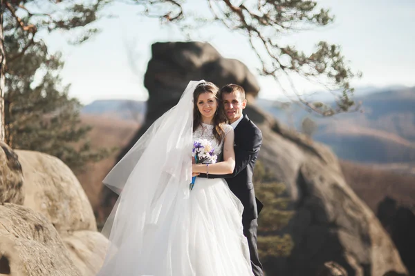 Preciosa novia, novio besándose y abrazándose cerca de los acantilados con impresionantes vistas —  Fotos de Stock