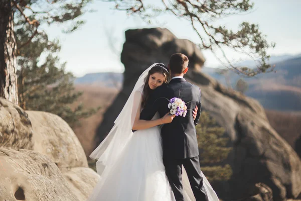 Linda noiva, noivo beijando e abraçando perto das falésias com vistas deslumbrantes — Fotografia de Stock