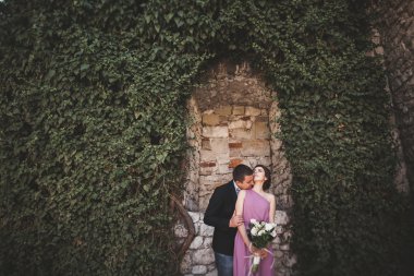 Sarılma ve öpüşme arka plan güzel bitkiler üzerinde lüks Düğün çifti mağara antik kale