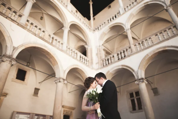 Vackert par, man, flicka med långa rosa klänning poserar i gamla slottet nära kolumner. Krakow Vavel — Stockfoto