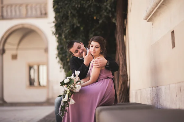 Happy wedding couple, groom, bride with pink dress hugging and smiling each other on the background walls in castle — Stock Photo, Image