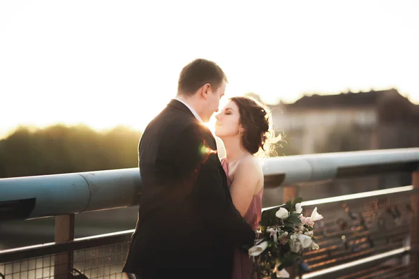 Élégant couple amoureux de mariage, marié, mariée avec robe rose baisers et câlins sur un pont au coucher du soleil — Photo