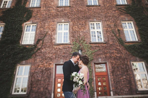 Young wedding couple in love story, bride and groom posing near building on the background. Krakow — Stock Photo, Image