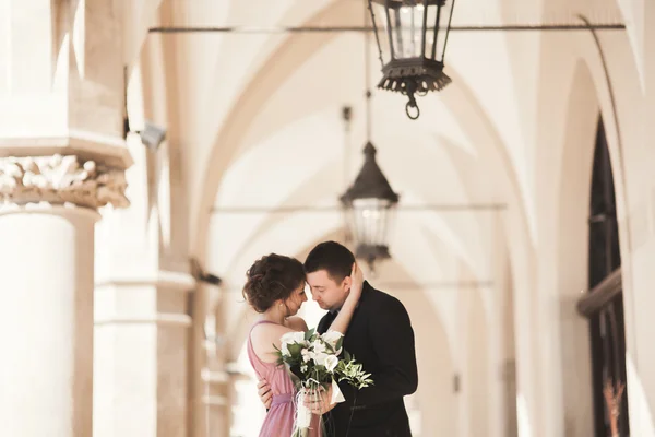 Romantik düğün çift karı eski bina sütun poz, — Stok fotoğraf