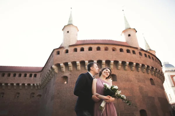 Glückliches Hochzeitspaar, Bräutigam, Braut mit rosa Kleid, einander umarmend und lächelnd auf den Hintergrundwänden im Schloss — Stockfoto