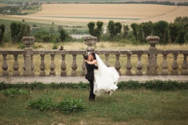 Mutlu düğün kaç sarılma ve öpüşme üzerinde arka plan eski kale