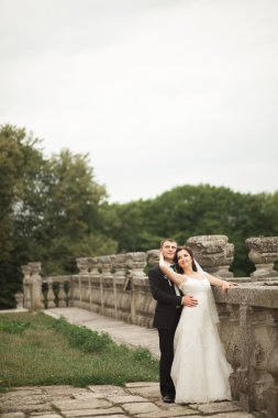 Güzel, romantik bir düğün. Yeni evliler. Eski kalenin yakınlarında sarılıyorlar.