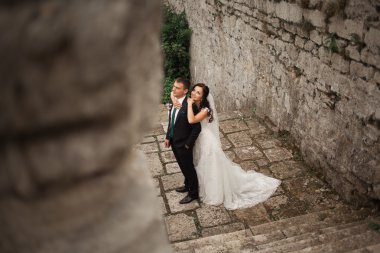 Mutlu düğün kaç sarılma ve öpüşme üzerinde arka plan eski kale