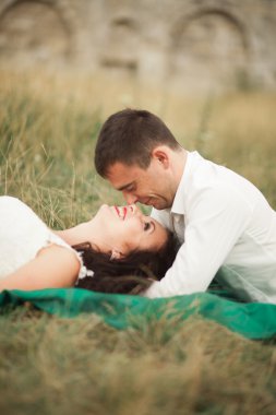 Mutlu evlilik çift yaz saati, yeşil çim üzerinde yalan