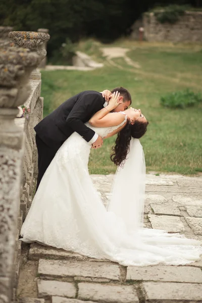 Feliz boda pareja abrazos y besos en el fondo viejo castillo — Foto de Stock