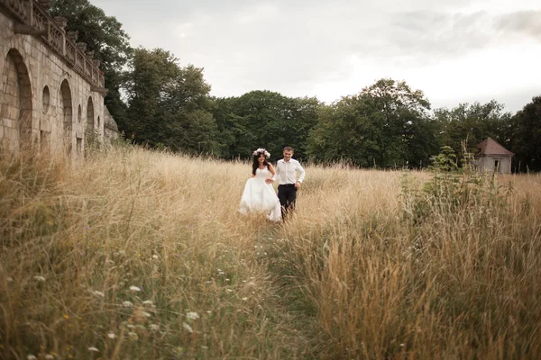 Feliz boda pareja abrazos y besos en el fondo viejo castillo —  Fotos de Stock