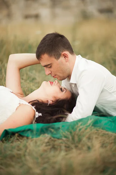 Lyckliga bröllop par liggande på grönt gräs på sommaren — Stockfoto