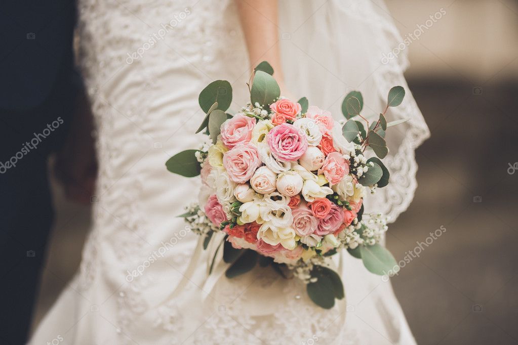 Pretty Good Wedding Bouquet Of Various Flowers In Hand Stock Photo Image By C Olegparylyak Gmail Com 110497284