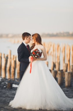 Güzel genç düğün çift, gelin ve damat arka plan denizde ahşap direklerin yakın poz