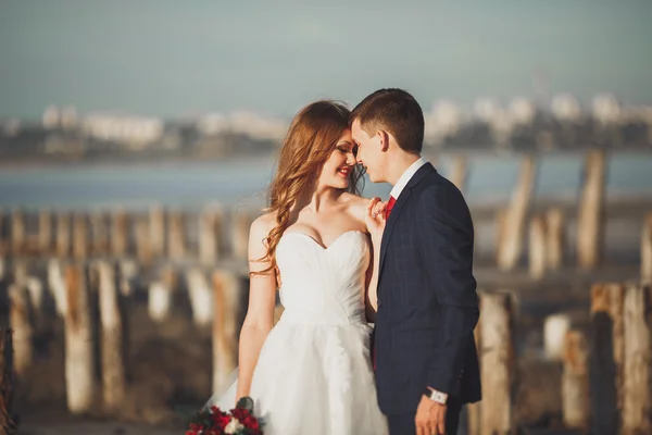 Hermosa joven pareja de boda, novia y novio posando cerca de postes de madera en el mar de fondo —  Fotos de Stock