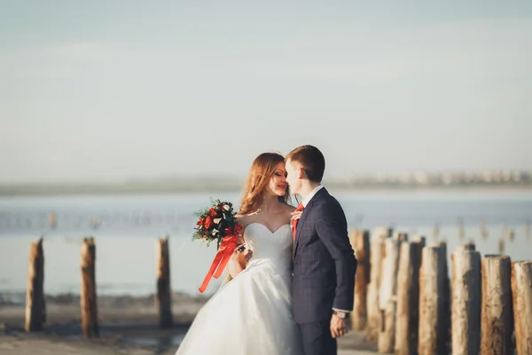 Елегантна стильна щаслива весільна пара, наречена, чудовий наречений на фоні моря і неба — стокове фото