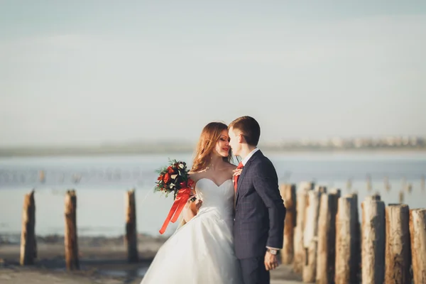 Casal feliz elegante elegante, noiva, lindo noivo no fundo do mar e do céu — Fotografia de Stock