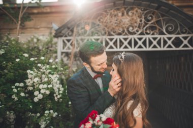 Bahar mevsiminde öpüşen düğün çifti. Yakın plan portre.