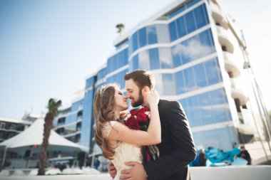 Modern cam bina yakın poz zarif güzel Çift