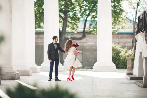 Bella coppia, sposa e sposo in posa vicino alla grande colonna bianca — Foto Stock