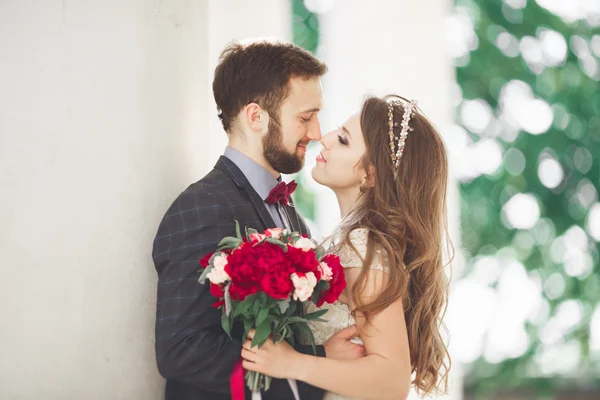 Casal bonito, noiva e noivo posando perto de grande coluna branca — Fotografia de Stock