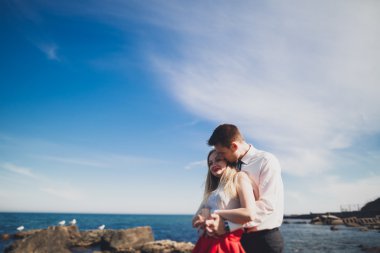 Deniz, mavi gökyüzü yakınındaki taş poz romantik sevgi dolu Çift