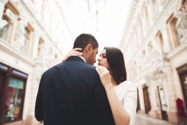 Güzel düğün çift, Gelin, damat öpüşme ve eski bina arka plan karşı sarılma