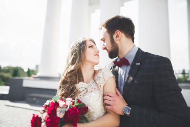 Güzel çift, gelin ve damat büyük beyaz sütun poz