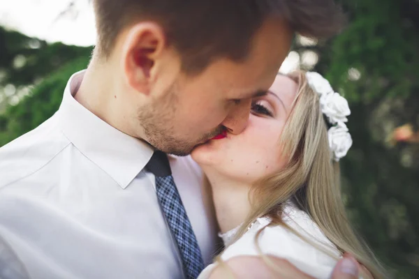 Elegante hermosa boda feliz pareja besando y abrazando en Jardín Botánico — Foto de Stock