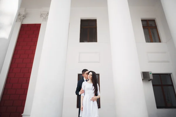 Casal bonito, noiva e noivo posando perto de grande coluna branca — Fotografia de Stock