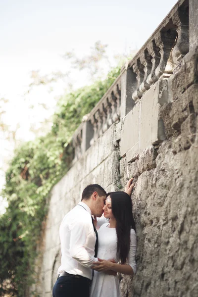 Lindo recém-casado posando perto de bela parede de plantas arbustos árvores em seu dia do casamento — Fotografia de Stock