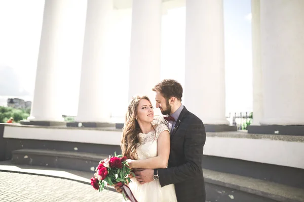 Bella coppia, sposa e sposo in posa vicino alla grande colonna bianca — Foto Stock