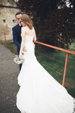 Güzel, romantik bir düğün. Yeni evliler. Eski kalenin yakınlarında sarılıyorlar.