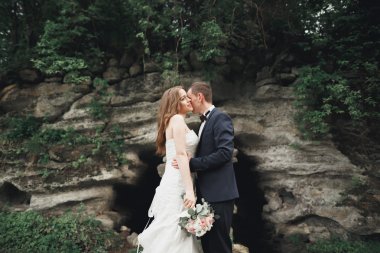 Mutlu düğün kaç sarılma ve birbirlerine arka plan güzel bitkiler kale üzerinde gülümseyen